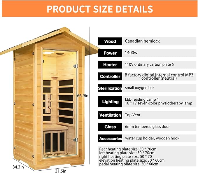 Outdoor Far Infrared Home Sauna, 1 Person Hemlock Wood Sauna Box, 1400W 5 Carbon Crystal Heating Panels Indoor Sauna Room, Personal Sauna Hot Yoga Essentials Gym Accessories Workout Equipment