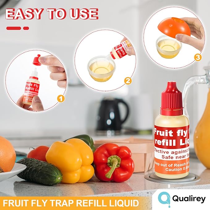 Qualirey 4 Pack Fruit Fly Trap Refill Liquid, 0.68oz/ Bottle Liquid Fruit Fly Traps for Indoors Non Toxic Safe Near Food, Effective Lure Refill for Indoor and Kitchen Use, Red