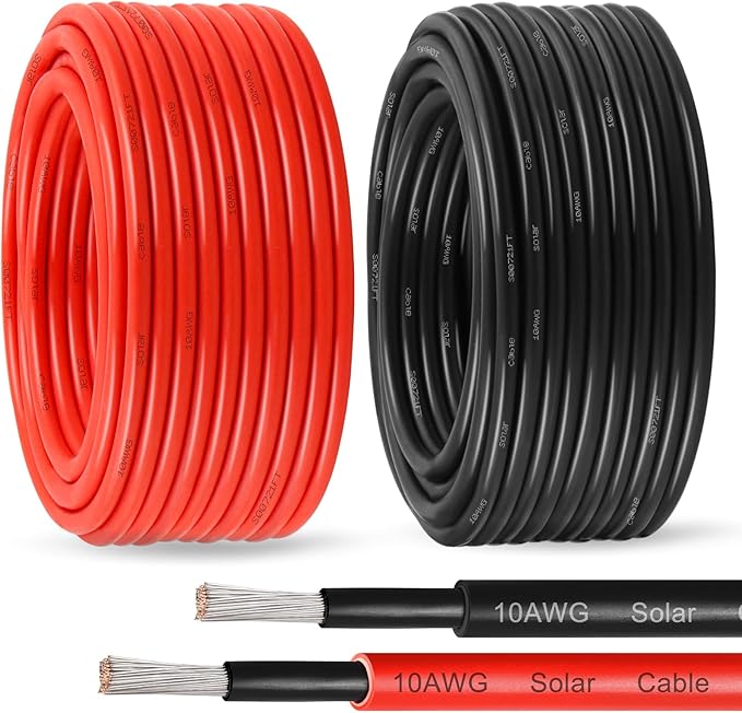 Solar Panel Wire 10 AWG(6mm²) - Solar Extension Cable 50Ft Black & 50Ft Red 10 Gauge Tinned Copper PV Wire for Outdoor Automotive RV Solar Panel Boat Marine (Black+Red)