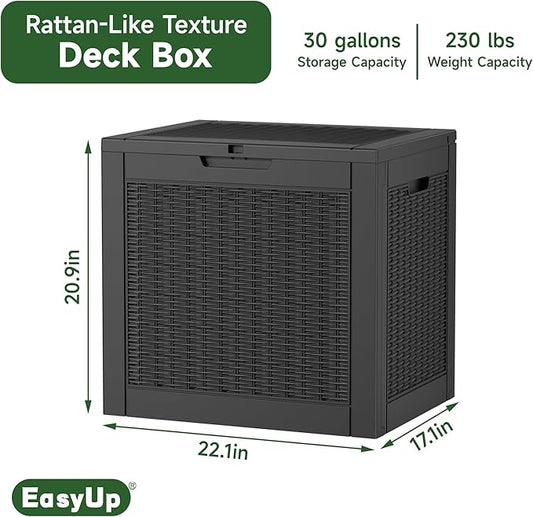 EasyUp 35 Gallon Resin Deck Box Waterproof, UV Resistant Outdoor Storage Box for Delivery, Patio, Garden,and Porch,Rattan Black