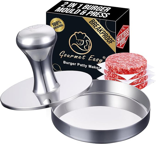 2-in-1 Smash Burger Press & Patty Maker, Heavy Duty Premium Stainless Steel Hamburger Helper, Easy-Clean Design, Hamburger Press with Patty Liner, Mirror Polished Burger Mold, Dishwasher Safe