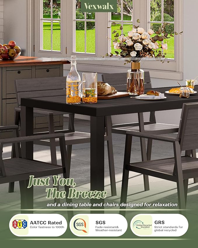 Outdoor Dining Set for 6, Patio Table and Chairs Set, Aluminum Patio Furniture Set with Umbrella Hole, HDPS Patio Dining Table Set for 6 (Charcoal)