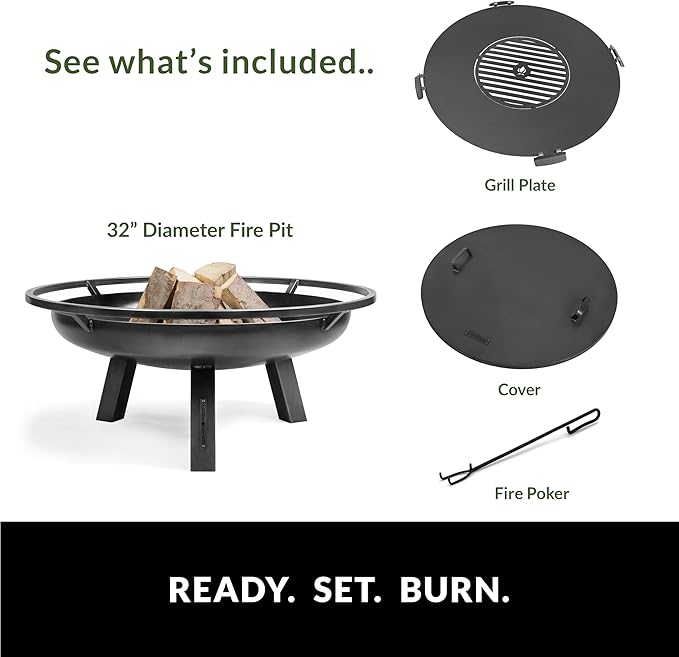Ember 32" Handcrafted Cooking Fire Pit, Cooking Grill Plate Attachment and Cover Lid Attachment for Wood Burning for Backyard Grilling Campfire for Camping, Outdoor Steel, Good Directions Firepit