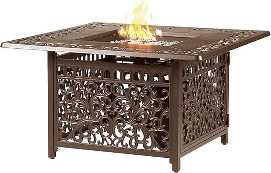 Square 42 in. x 42 in. Aluminum Propane Fire Pit Table with Glass Beads, Two Covers, Lid, 57,000 BTUs in Brown Finish