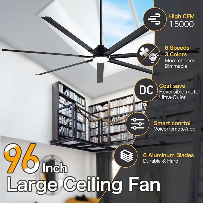 96" Industrial & Commercial HVLS 7 Black Aluminum Blades Ceiling Fan with Light,Works with Alexa,High CFM Brushless Motor,6-Speed,Indoor Outdoor Ceiling Fan for Patio,Garage,Shop,Library