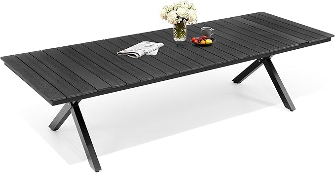 Pellebant 118" Outdoor Dining Table for 8-12, Aluminum Patio Dining Table with Umbrella Hole, Waterproof Wood-Like Tabletop for Lawn Garden Backyard, Black