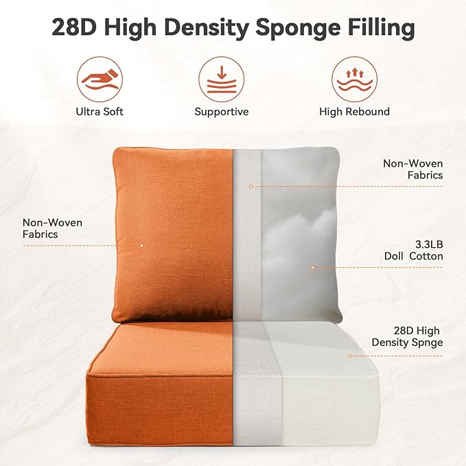 6" Thick Outdoor Cushions 24x24x6, 9-Set Deep Seat Patio Cushions with Removable Cover, Waterproof & Fade Resistant Replacement for Wicker Chair, Loveseat, Sofa - Orange