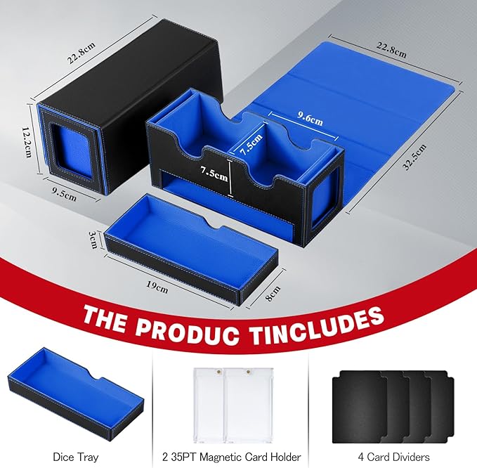 MTG Deck Box with 2 Commander Display,Commder Deck Box Fits 310+ Cards，with Dice Tray,Leather Magnetic,Fits for TCG CCG Magic Cards (Black Blue)