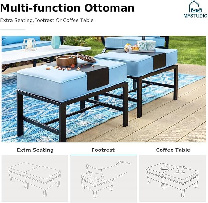 MFSTUDIO 8 Pieces Patio Furniture Sets with 45" Gas Fire Pit Table(Up to 9 Seat),Outdoor Metal Conversation Sofas with 1 x 3-Seat Sofa, 2 Single Chairs,2 Swivel Chairs and 2 Ottoman,Blue Cushion