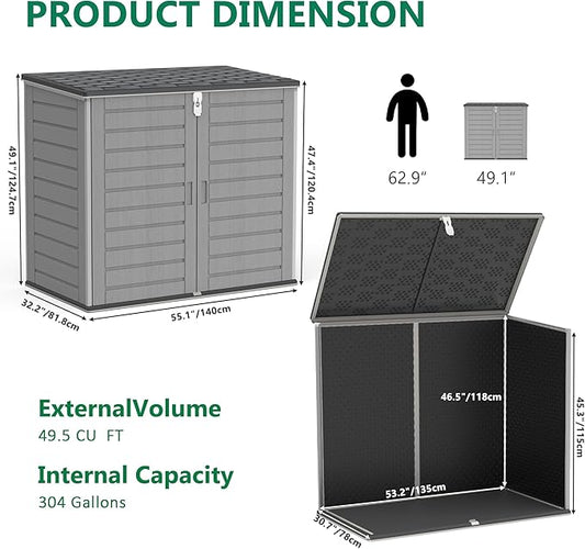 Uhomepro 4.6 Ft. X 4.1 Ft Outdoor Horizontal Storage Shed, Resin Storage Shed with Double Lockable Doors, Ideal for Garbage Can Storage and Garden Tools, Strong Water Resistance