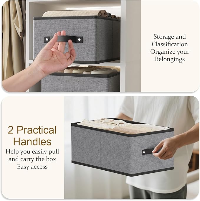 Foldable Clothing Storage Baskets, 16.1 × 9.8 × 6.5 Inch Drawer Organizers with Handles, Storage Bins for Shelves, Gray, Large, 2-Pack