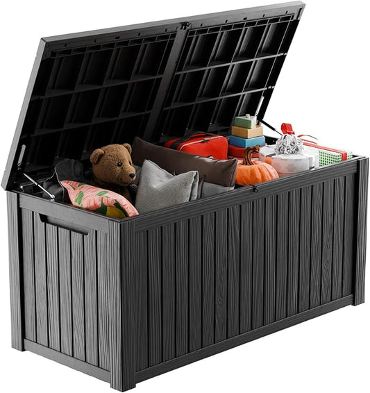ROJIK Outdoor Storage Housing Deck Box - Waterproof Patio Furniture, Garden Tools, Cushions, Pool Accessories Storage Bench with Lockable Lid and Side Handles (Black, 200 Gal)