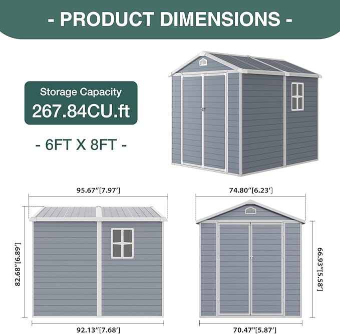 6x8FT Storage Shed Plastic Outdoor Storage Shed Waterproof Container House with Lockable Door and Transparent Window for Garden, Lawn, Backyard