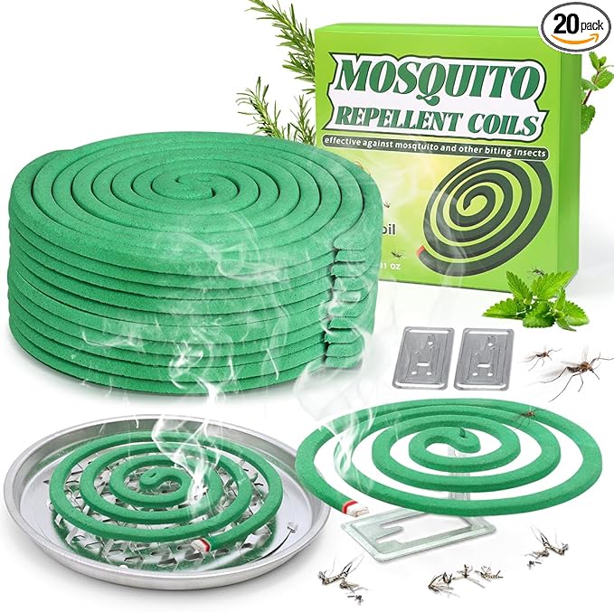20 Pack Natural Mosquito Repellent Coils, Plant-Based Cintronella Long-Lasting Protection, DEET-Free Mosquito Repellent, Safe for Patio, Camping, Backyard, and Poolside Use, 1 Holder 2 Stands