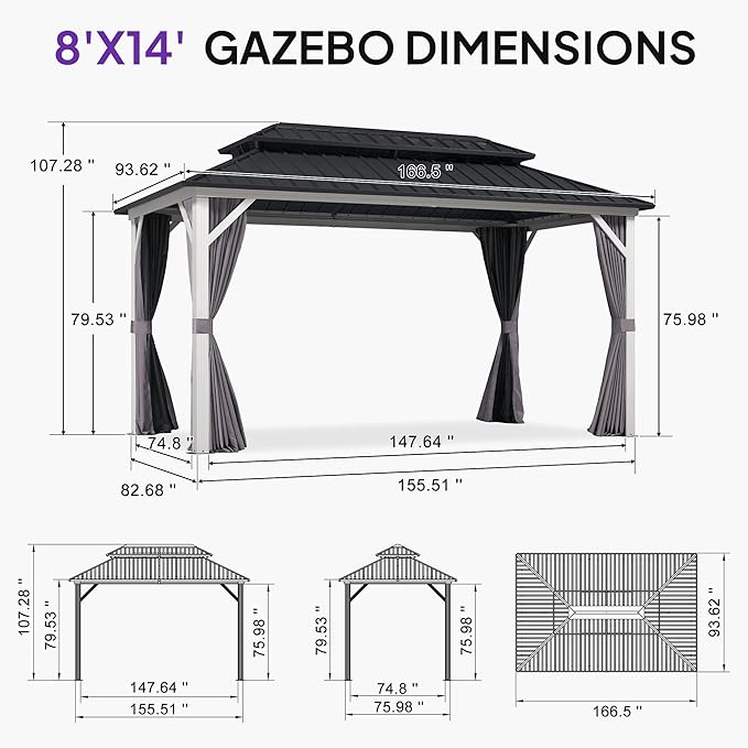 PURPLE LEAF 8' X 14' Hardtop Gazebo Metal Double Roof White Aluminum Frame Outdoor Heavy Duty Gazebo with Curtain and Netting for Patio Garden and Backyard, Grey