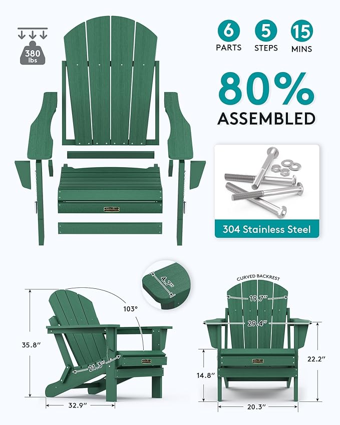 SERWALL Foldable Adirondack Chair Set of 4 for Patio Garden Outdoors Fire Pit Chairs-Green