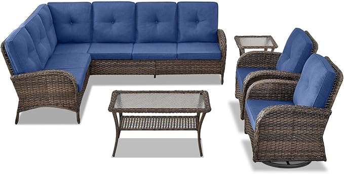 Belord Outdoor Furniture Set - 6 Pieces Patio Conversation Sectional Sofa Set with Swivel Rocker Outdoor Chairs Set of 2 and Wicker Coffee Table for Deck Backyard Sunroom Brown