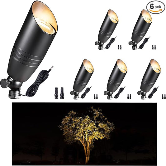 Gardenreet Low Voltage Spot Lights - Black Solid Brass Landscape Spotlight Wired, 12V Outdoor LED Bullet Uplights, Waterproof Electric Black for Patio Wall Without MR16 Bulb (6 Pack)
