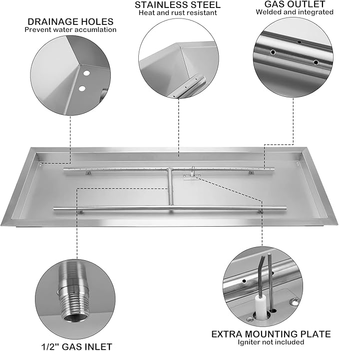Stanbroil 30 x 10 Inch Drop-in Fire Pit with Burner and All Accessories Required for DIY Fire Pit Projects, Natural Gas Version, 125,000 BTU Max