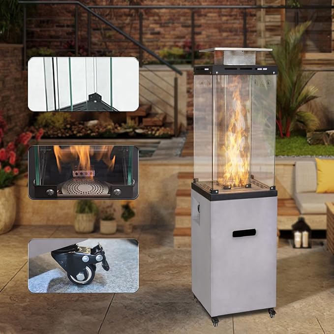 Afterglow Outdoor Patio Propane Fire Heater with Weather Cover Glass 41000 BTU Fireplace Patented & CSA Certificated, Cement Gray