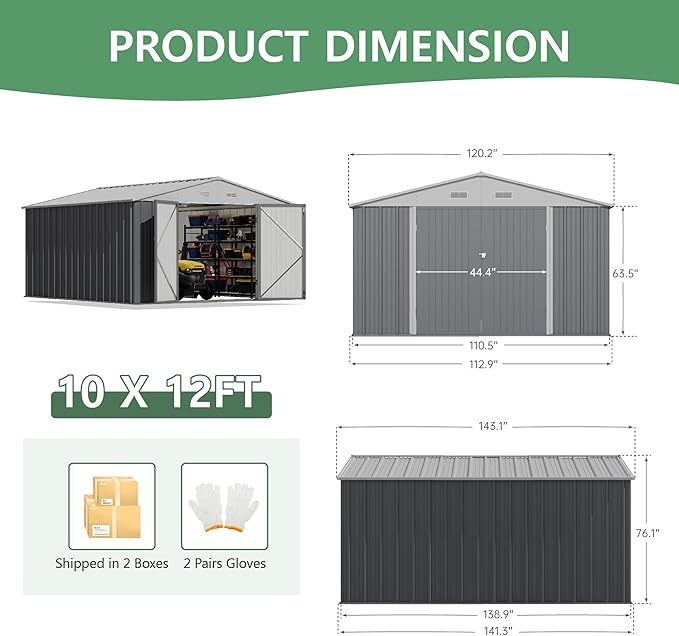 Devoko 10x12 FT Outdoor Storage Shed, Large Metal Storage Sheds with Lockable Door, Utility Garden Tool Shed with Sloping Roof, Outside Steel Storage Sheds for Patio Lawn Backyard, Gray