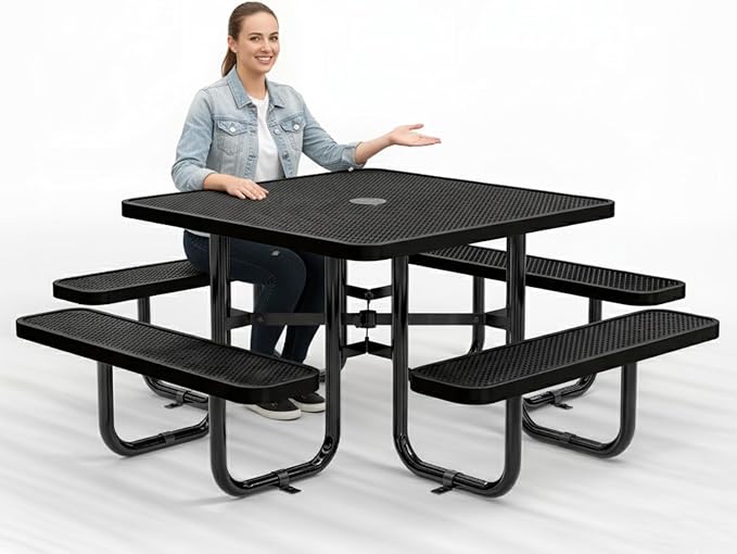 OUTTANS Metal Picnic Tables for Outdoors with Umbrella Hole - Coated Steel Heavy Duty Commercial Grade Furniture with Adjustable Seats (Black, 46 in, Square, Punched Steel)