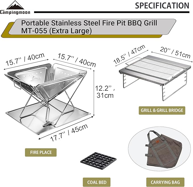 CAMPINGMOON Portable Stainless Steel Wood Burning Grill and Fire Pit 20-inch with Carrying Bag MT-055