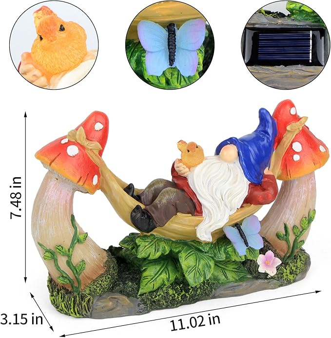 Sinhra Outdoor Garden Gnome Statue,Solar Gnomes Figurine Lying on Hammock with Bird and Mushrooms,Outdoor Garden Decoration for Patio Yard Lawn Porch,Gifts for Mom/Grandma/Women