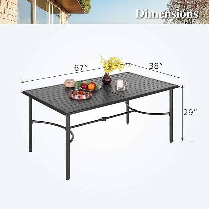 HERA'S HOUSE 67" Patio Table with Umbrella Hole for 6, Extra Large Rectangle Metal Outdoor Dining Table for Backyard Garden Lawn, Black