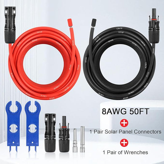 8AWG Solar Extension Panel Cable - 50FT Solar Wire with Waterproof Female and Male Connector and Solar Panel Adaptor Kit Tool PV Wire for RV, Home, Boat, Solar Panels(50feet Red + 50feet Black)