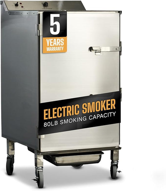 SmokinTex 'The Pitmaster' Series High-Capacity Electric Smoker – 700W Stainless Steel Meat Smoker, Temperature Control for Meat, Seafood, Vegetables, BBQ – Portable with Locking Wheels