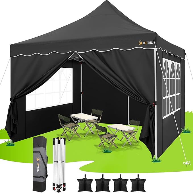 HOTEEL Canopy Tent 10x10 Pop Up Canopy with 4 Removable Sidewalls, Sandbags, Stakes & Ropes, UPF 50+ Easy Setup Event Shelter Waterproof Outdoor Instant Portable Gazebo for Party, Vendor, Black