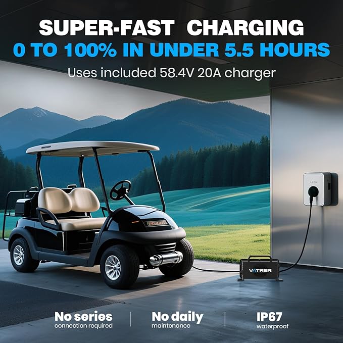 VATRER POWER 48V 105Ah Mini Lithium Golf Cart Battery, Built-in 200A BMS, with LCD Display & APP, 4000+ Cycles LiFePO4 Battery with 20A Lithium Charger, Max 10.24kW, Perfect for Golf Carts