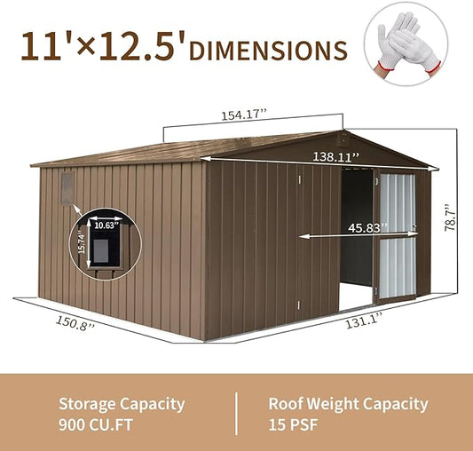 Large Storage Shed 11x12.5ft with Windows, Galvanized Steel Outdoor Garden Shed - 900 Cu.Ft Utility Tool Room, Lockable Double Doors & Sloped Roof for Patio, Backyard (Brown)