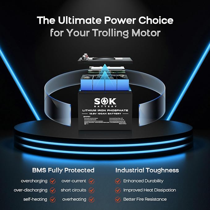SOK Battery 100Ah 12V 2-Pack LiFePO4 Deep Cycle Lithium Iron Phosphate Batteries - Ideal for RVs & Off-Grid Use with Low-Temperature Protection.