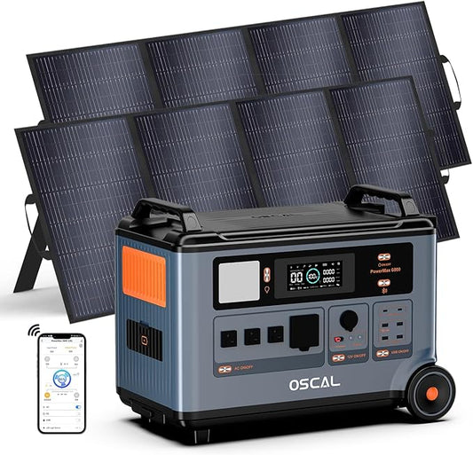 OSCAL PowerMax 6000 Solar Generator with 2x400W Solar Panel, 120V/240V Portable Power Station 6000W AC Outlets (9000W Peak), 2200W AC Charging/2400W PV Charging for Home, Emergency