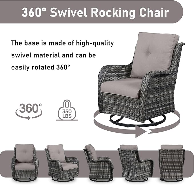 Wicker Rattan Patio Furniture Set - 7 Pieces Outdoor Couch with Swivel Chairs, Ottomans and Coffee Table for Deck, Poolside, Backyard - Grey