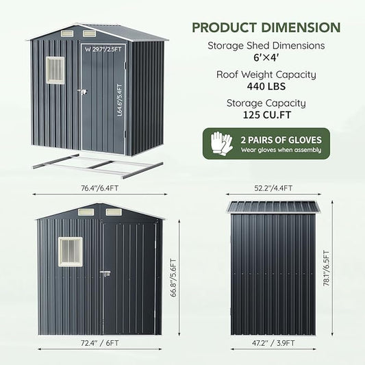 Update Version 6x4 FT Outdoor Metal Storage Shed, Single Door, 1 Clear Window, Tool Shed for Garden, Patio, Backyard Brown