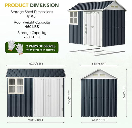Breezz 6X8FT Outdoor Steel Storage Shed with Frame Floor,Clear Window, Lockable Doors, Weather-Resistant Metal Tool Shed for Garden, Backyard, Patio, and Utility Storage,Nightblue