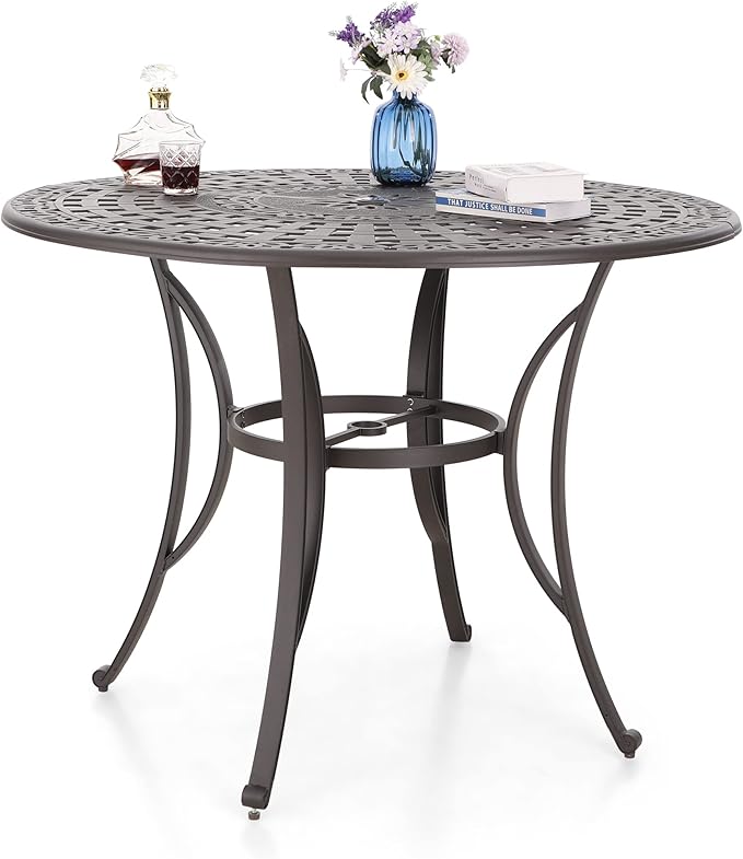 MFSTUDIO Cast Aluminum Round Patio Dining Table, 54" Outdoor Bar Height Table, Metal Patio Bistro Table with Umbrella Hole, Retro Design Outdoor Dining Table for 4-6