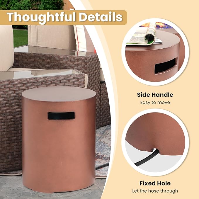 SUNSIT Propane Tank Cover Table, 20 lb Tank Holder, Concrete Storage Box with Handles, Round Hideaway Table for Gas Fire Pit, Bronze