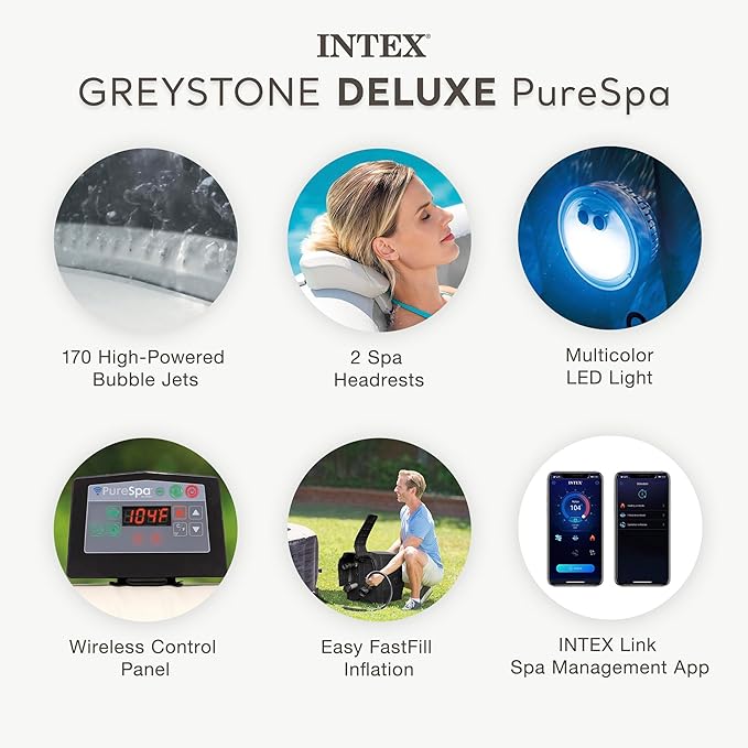 INTEX 28451EP PureSpa Greystone Deluxe Spa Set: Includes Energy Efficient Spa Cover and Wireless Control Panel – Spa Control App – Built-In FastFill Inflation System – 6 Person Capacity – 77" x 28"