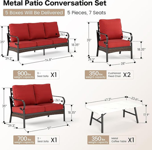 5 Piece Metal Outdoor Patio Furniture Set, Patio Conversation Sets with 3-Seater Sofa, Loveseat, 2 Fixed Sofa (5.75" Thick Cushion) & Coffee Table Black Backyard Furniture, Rust Red