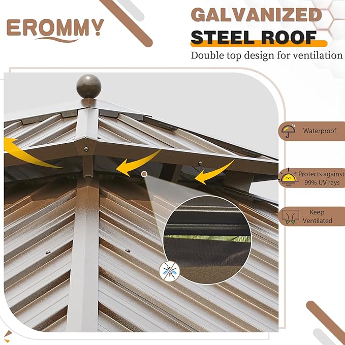 EROMMY 14'x24' Hardtop Gazebo Double Roof Galvanized Steel Outdoor Gazebos with Aluminum Frame, Netting and Curtains, Permanent Metal Pavilion for Patio Backyard Deck and Lawns