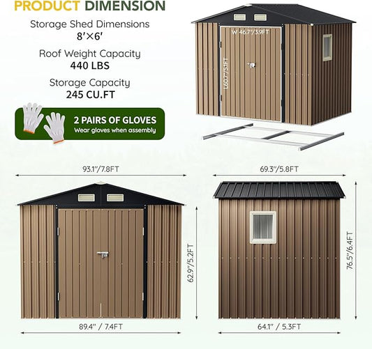 Breezz 8X6FT Outdoor Steel Storage Shed with Frame Floor,Clear Window, Lockable Doors, Weather-Resistant Metal Tool Shed for Garden, Backyard, Patio, and Utility Storage Brown