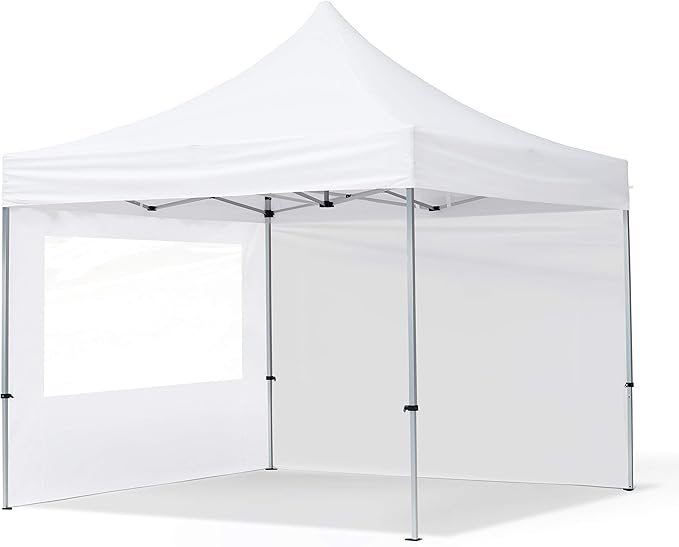 TOOLPORT 10x10 ft PES 700 Pop up Canopy Tent Economy Aluminium 1.3 in., incl. 2 Sidewalls with Panorama Windows, White