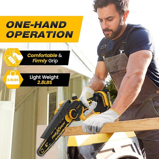 Mini Chainsaw, 6-Inch Electric Chainsaw Cordless, Upgraded 900W Brushless Portable Handheld Small Chain Saw with Auto Chain Regulator & Auto Oiler for Wood Cutting/TreeTrimming/Courtyard Garden