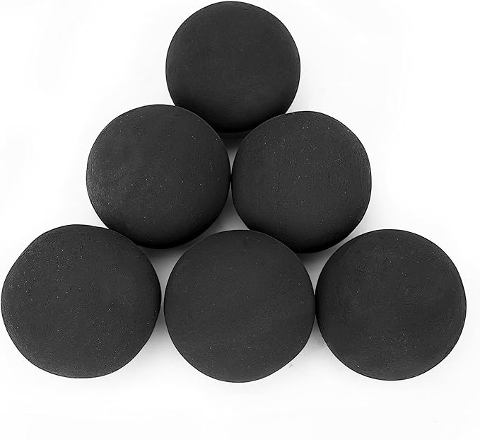 Ceramic Fire Balls, 5 Inch Set of 6 Fire Stones for Indoor & Outdoor Fire Pits or Gas Fireplaces, Reusable Decorative Landscaping and Fireplaces Accessories, Black