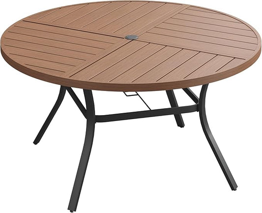 VICLLAX Round Patio Dining Table, 6-8 Person Metal Outdoor Dining Table with Umbrella Hole and Storage Shelf for Garden Lawn Deck, 53" Walnut