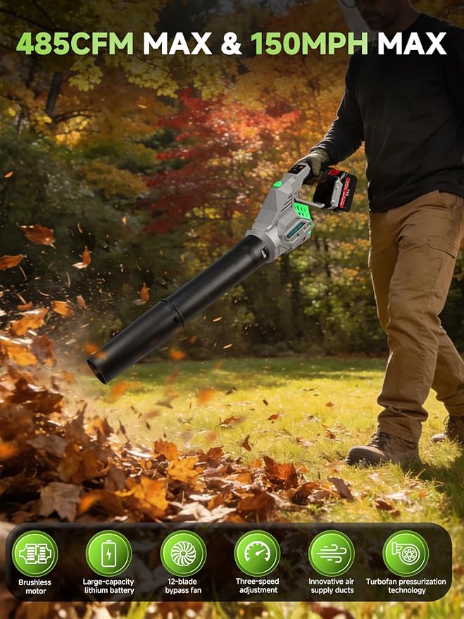 JEGSHIN Leaf Blower Electric Cordless Leaf Blower with 2 * 21V Batteries and Charger, 4 Speed Mode, Lightweight Leaf Blowers for Blowing Leaves, Lawn Care, Patio Cleaning and Dust